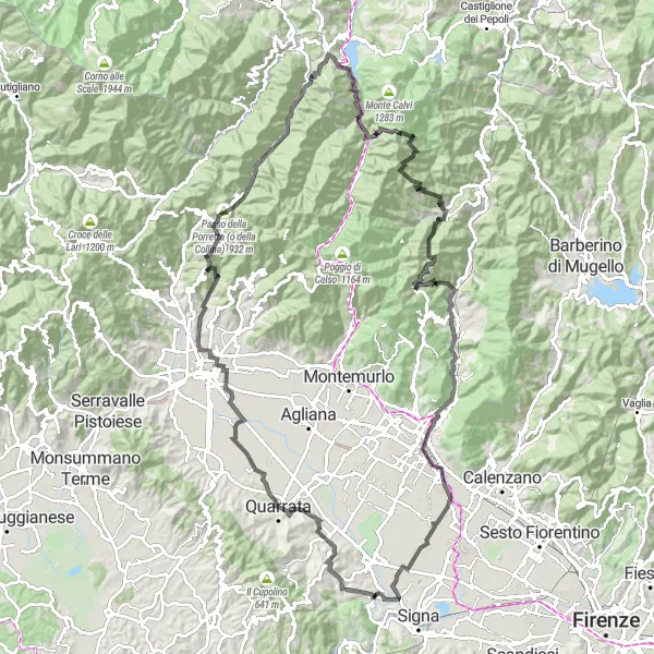 Karttaminiaatyyri "Vuoristo Seikkailu Firenzessä" pyöräilyinspiraatiosta alueella Toscana, Italy. Luotu Tarmacs.app pyöräilyreittisuunnittelijalla