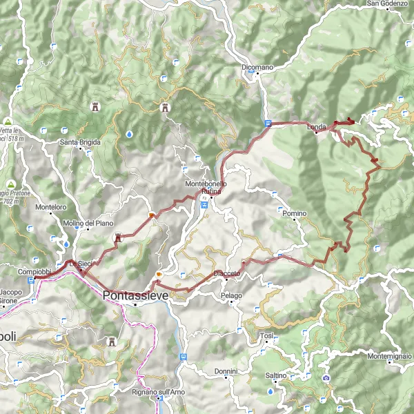 Karttaminiaatyyri "Montefiesole - San Donato a Torri" pyöräilyinspiraatiosta alueella Toscana, Italy. Luotu Tarmacs.app pyöräilyreittisuunnittelijalla