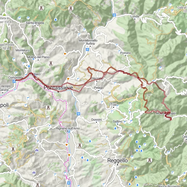 Miniatua del mapa de inspiración ciclista "Ruta de Ciclismo en Grava a través de Montañas de Toscana" en Toscana, Italy. Generado por Tarmacs.app planificador de rutas ciclistas