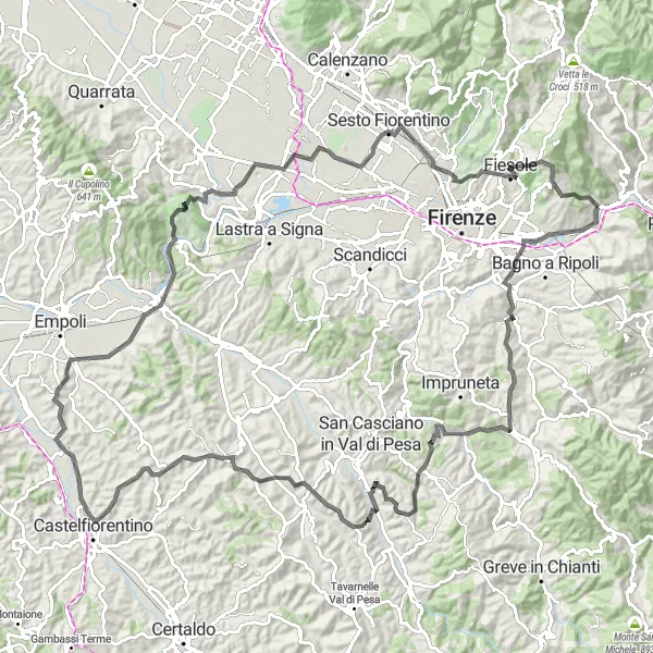 Miniatura della mappa di ispirazione al ciclismo "Giro in bicicletta attraverso Fiesole e dintorni" nella regione di Toscana, Italy. Generata da Tarmacs.app, pianificatore di rotte ciclistiche