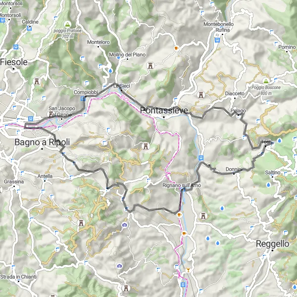 Karten-Miniaturansicht der Radinspiration "Panoramische Straßenrunde durch Pelago" in Toscana, Italy. Erstellt vom Tarmacs.app-Routenplaner für Radtouren