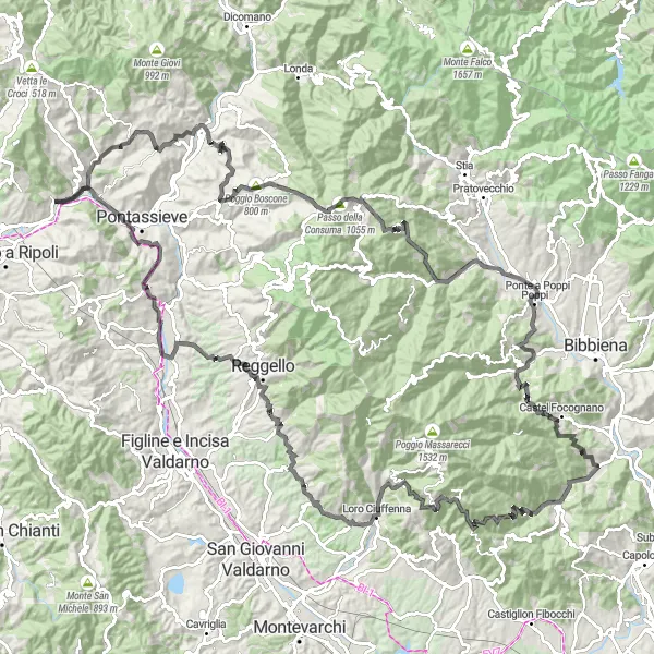 Miniaturní mapa "Klasická cyklotrasa kolem Montefiesole a Rufina" inspirace pro cyklisty v oblasti Toscana, Italy. Vytvořeno pomocí plánovače tras Tarmacs.app