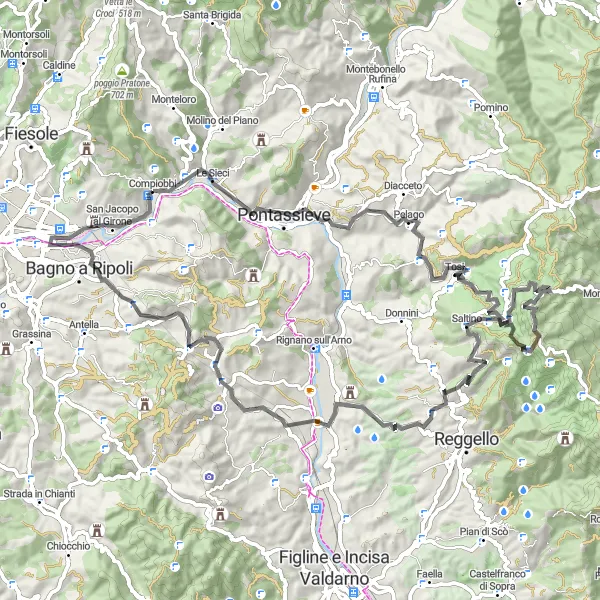 Miniature de la carte de l'inspiration cycliste "Escapade cycliste autour de Pelago" dans la Toscana, Italy. Générée par le planificateur d'itinéraire cycliste Tarmacs.app