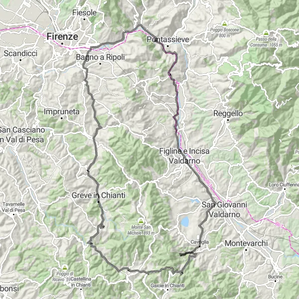 Miniatuurkaart van de fietsinspiratie "Roadtrip door de Valdarno-vallei" in Toscana, Italy. Gemaakt door de Tarmacs.app fietsrouteplanner