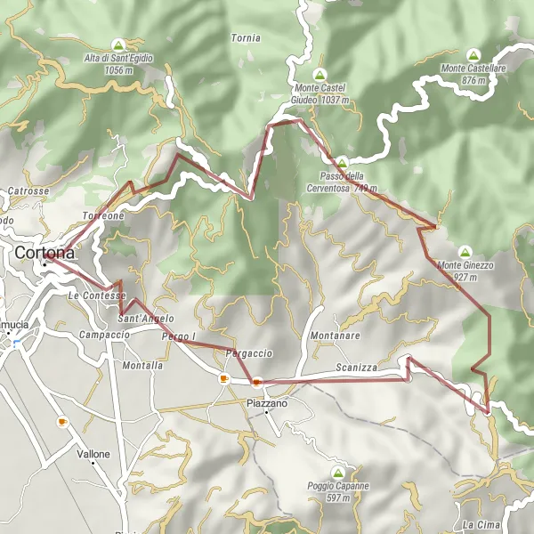 Karttaminiaatyyri "Cortonan hiekkatiekiertue" pyöräilyinspiraatiosta alueella Toscana, Italy. Luotu Tarmacs.app pyöräilyreittisuunnittelijalla