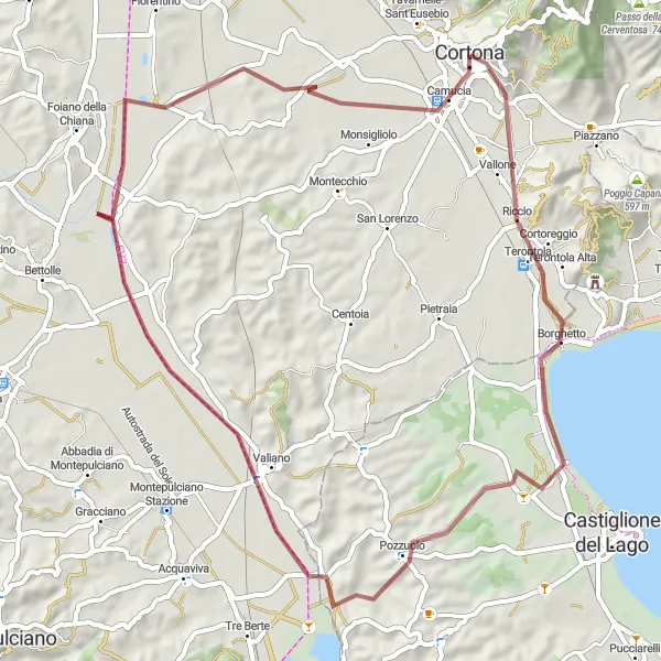 Miniature de la carte de l'inspiration cycliste "Chemin de gravelles vers Terontola" dans la Toscana, Italy. Générée par le planificateur d'itinéraire cycliste Tarmacs.app