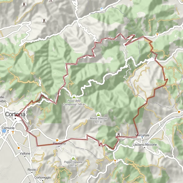 Map miniature of "Gravelful Cortona Loop" cycling inspiration in Toscana, Italy. Generated by Tarmacs.app cycling route planner