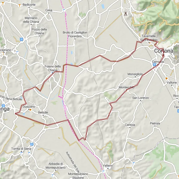 Miniature de la carte de l'inspiration cycliste "Parcours de gravelles à Bettolle" dans la Toscana, Italy. Générée par le planificateur d'itinéraire cycliste Tarmacs.app