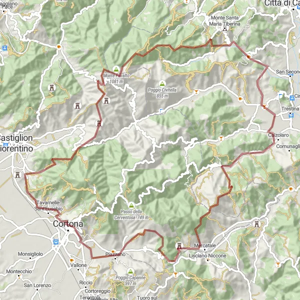 Miniatura della mappa di ispirazione al ciclismo "Sfide tra Colline e Montagne" nella regione di Toscana, Italy. Generata da Tarmacs.app, pianificatore di rotte ciclistiche