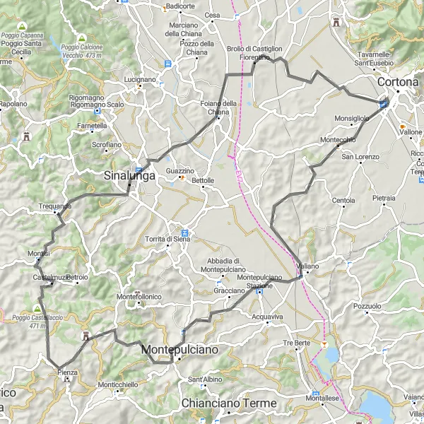 Map miniature of "From Cortona to Montepulciano and Trequanda" cycling inspiration in Toscana, Italy. Generated by Tarmacs.app cycling route planner