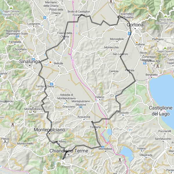 Zemljevid v pomanjšavi "Razgibana kolesarska pot okoli Cortone" kolesarske inspiracije v Toscana, Italy. Generirano z načrtovalcem kolesarskih poti Tarmacs.app