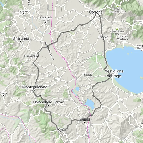 Miniature de la carte de l'inspiration cycliste "Circuit routier à Montepulciano et Farneta" dans la Toscana, Italy. Générée par le planificateur d'itinéraire cycliste Tarmacs.app