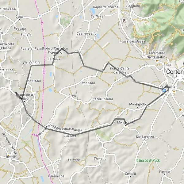 Map miniature of "A Short and Sweet Cortona Adventure" cycling inspiration in Toscana, Italy. Generated by Tarmacs.app cycling route planner