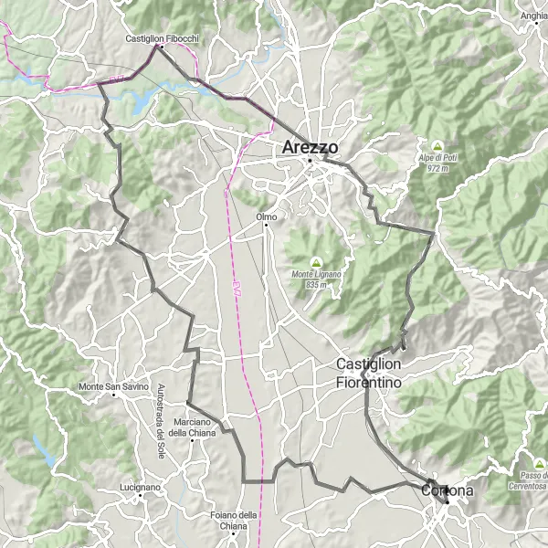 Map miniature of "From Cortona to Arezzo and Castiglion Fiorentino" cycling inspiration in Toscana, Italy. Generated by Tarmacs.app cycling route planner