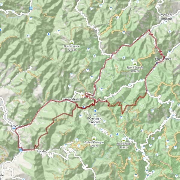 Kartminiatyr av "Grustur til San Godenzo" sykkelinspirasjon i Toscana, Italy. Generert av Tarmacs.app sykkelrutoplanlegger