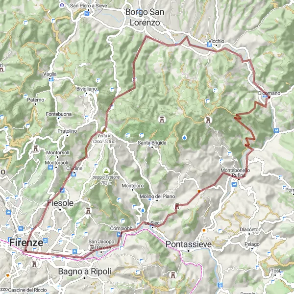 Miniaturekort af cykelinspirationen "Grusvejs-ruten omkring Dicomano" i Toscana, Italy. Genereret af Tarmacs.app cykelruteplanlægger