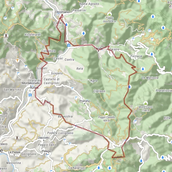 Miniatua del mapa de inspiración ciclista "Aventura en bicicleta de grava por los paisajes toscanos" en Toscana, Italy. Generado por Tarmacs.app planificador de rutas ciclistas