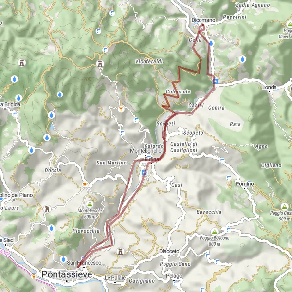 Map miniature of "Poggio Castiroccoli and Pontassieve" cycling inspiration in Toscana, Italy. Generated by Tarmacs.app cycling route planner