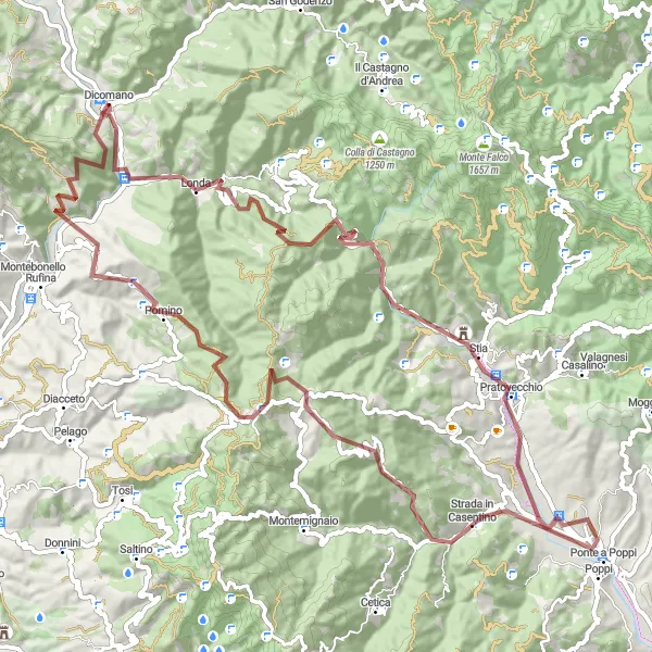 Mapa miniatúra "Scenic Gravel Route through Casentino" cyklistická inšpirácia v Toscana, Italy. Vygenerované cyklistickým plánovačom trás Tarmacs.app