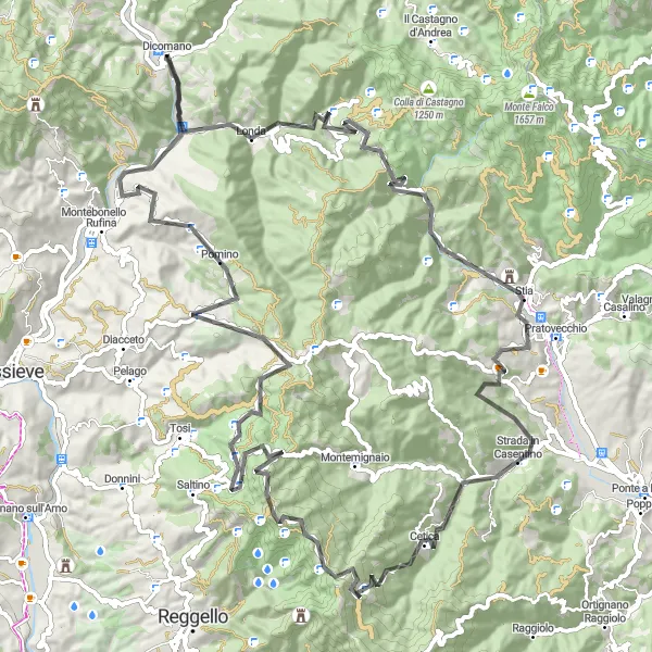 Miniatura della mappa di ispirazione al ciclismo "Tour delle Valli" nella regione di Toscana, Italy. Generata da Tarmacs.app, pianificatore di rotte ciclistiche