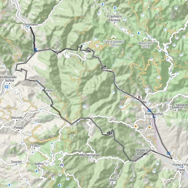 Map miniature of "Rincine and the Consuma Pass" cycling inspiration in Toscana, Italy. Generated by Tarmacs.app cycling route planner