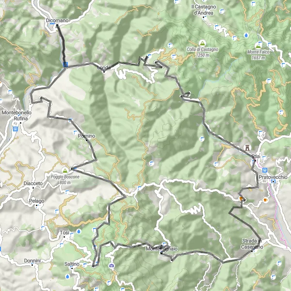 Miniatua del mapa de inspiración ciclista "Ruta Escénica Rincine - Pomino en carretera" en Toscana, Italy. Generado por Tarmacs.app planificador de rutas ciclistas