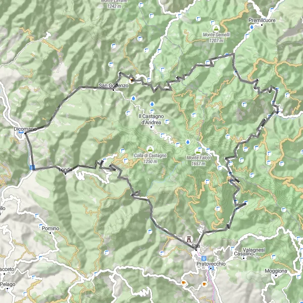 Miniatua del mapa de inspiración ciclista "Ruta en carretera alrededor de Dicomano" en Toscana, Italy. Generado por Tarmacs.app planificador de rutas ciclistas