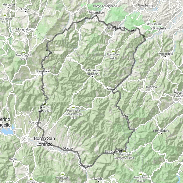 Miniatua del mapa de inspiración ciclista "Gran Ruta de Ciclismo en Carretera por las Montañas de Toscana" en Toscana, Italy. Generado por Tarmacs.app planificador de rutas ciclistas