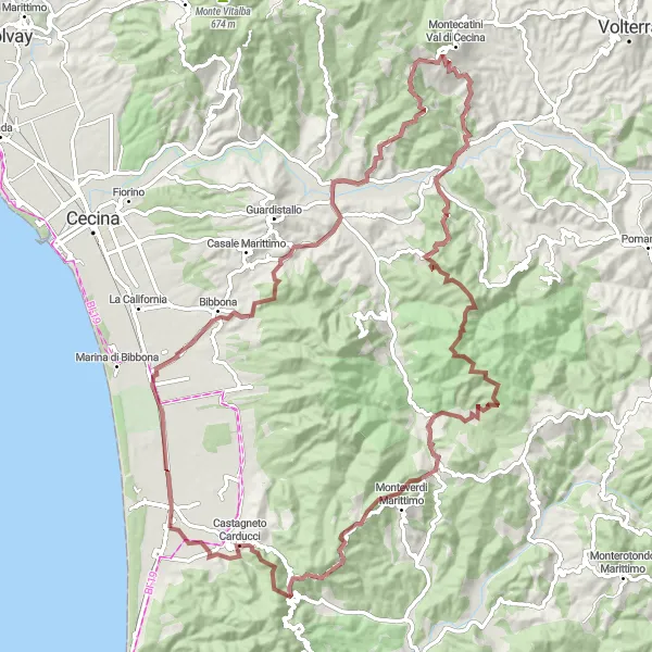 Miniatura della mappa di ispirazione al ciclismo "Gravel Trail to Discover the Tuscan Hills" nella regione di Toscana, Italy. Generata da Tarmacs.app, pianificatore di rotte ciclistiche