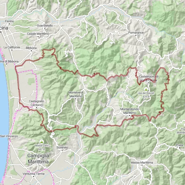 Miniatura della mappa di ispirazione al ciclismo "Avventura in mountain bike tra Serrazzano e Castagneto Carducci" nella regione di Toscana, Italy. Generata da Tarmacs.app, pianificatore di rotte ciclistiche