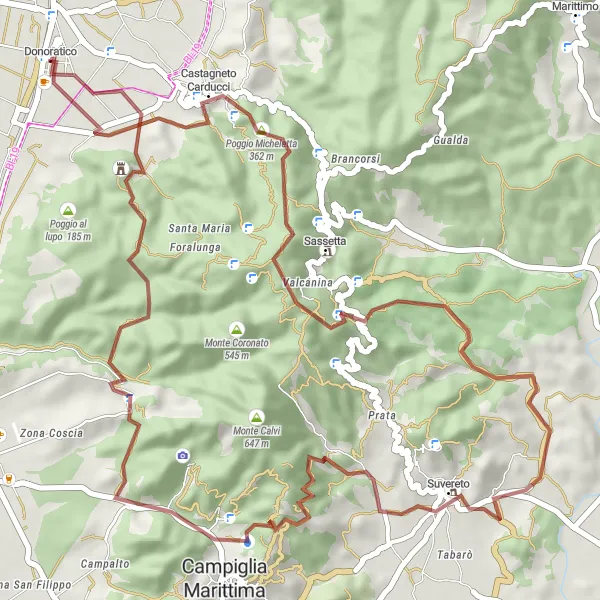 Miniatuurkaart van de fietsinspiratie "Gravelroute door Donoratico en omgeving" in Toscana, Italy. Gemaakt door de Tarmacs.app fietsrouteplanner