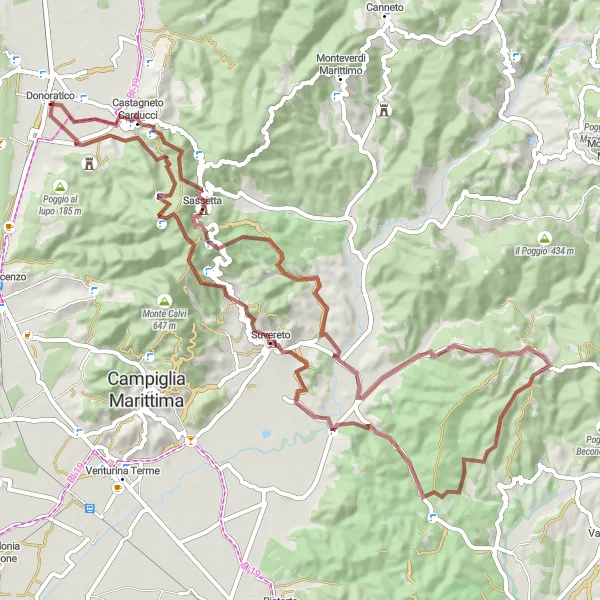 Miniatuurkaart van de fietsinspiratie "Gravelroute: Donoratico naar Sassetta" in Toscana, Italy. Gemaakt door de Tarmacs.app fietsrouteplanner