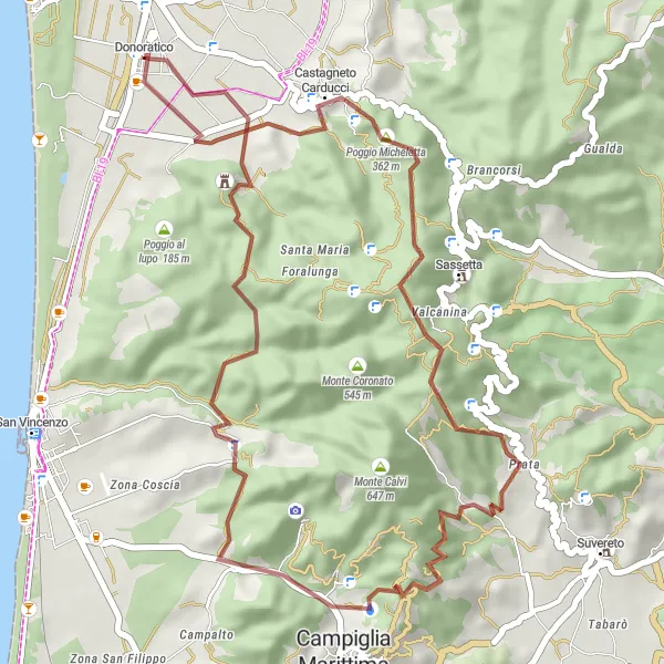 Miniatuurkaart van de fietsinspiratie "Gravelroute: Donoratico naar Poggio di Bellonzo" in Toscana, Italy. Gemaakt door de Tarmacs.app fietsrouteplanner