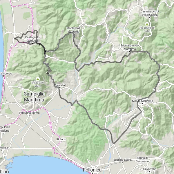 Karttaminiaatyyri "Tie pyöräilyretki Monterotondo Marittimoon" pyöräilyinspiraatiosta alueella Toscana, Italy. Luotu Tarmacs.app pyöräilyreittisuunnittelijalla
