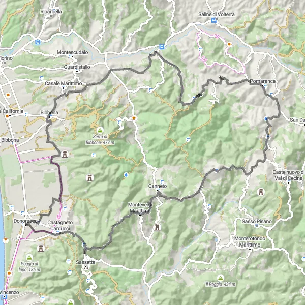 Mapa miniatúra "Okruh cez toskánsku krajinu od Donoratico" cyklistická inšpirácia v Toscana, Italy. Vygenerované cyklistickým plánovačom trás Tarmacs.app