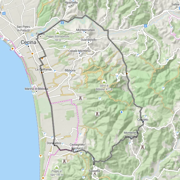 Map miniature of "Scenic Road Tour of Donoratico" cycling inspiration in Toscana, Italy. Generated by Tarmacs.app cycling route planner