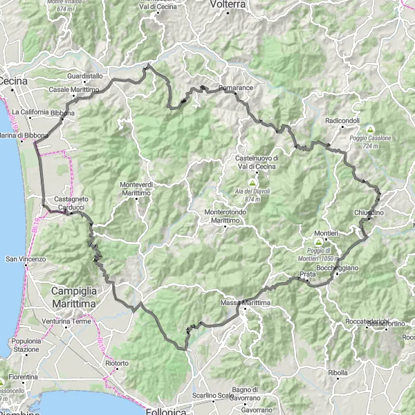 Miniatura della mappa di ispirazione al ciclismo "Epica Avventura in Bici da Strada" nella regione di Toscana, Italy. Generata da Tarmacs.app, pianificatore di rotte ciclistiche