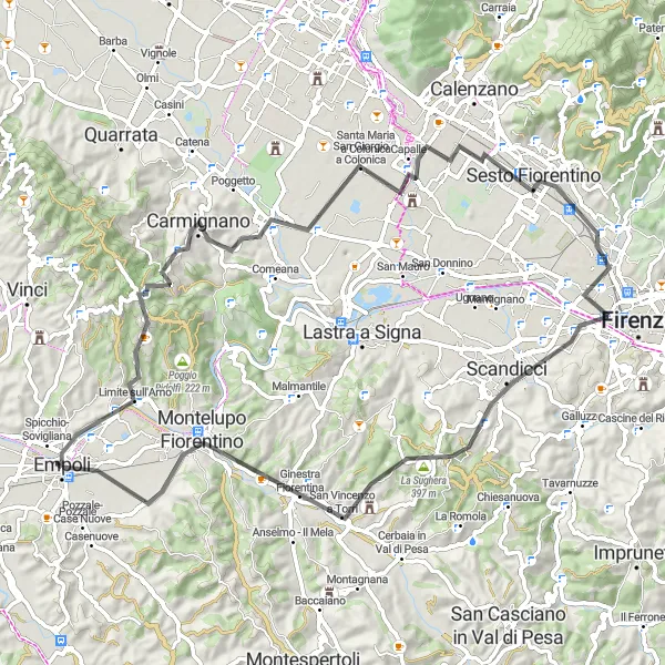 Miniatuurkaart van de fietsinspiratie "Verken de heuvels en dorpen rond Florence per fiets" in Toscana, Italy. Gemaakt door de Tarmacs.app fietsrouteplanner