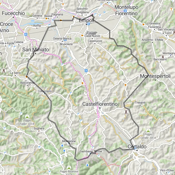 Miniatuurkaart van de fietsinspiratie "Tocht langs historische bezienswaardigheden van Pontorme en Montaione" in Toscana, Italy. Gemaakt door de Tarmacs.app fietsrouteplanner