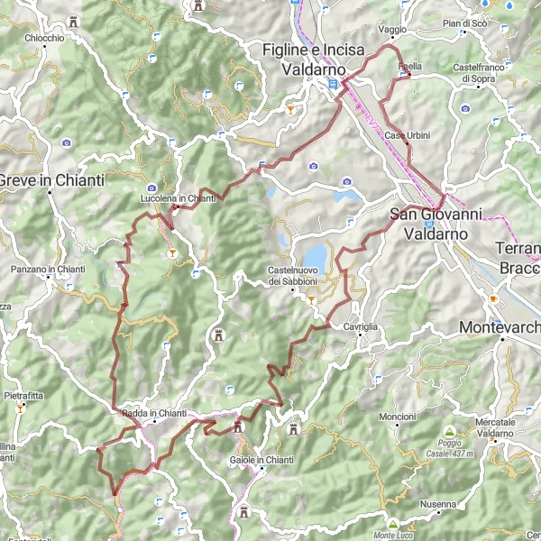 Miniatuurkaart van de fietsinspiratie "Gravelroute naar Faella via Poggio Casini" in Toscana, Italy. Gemaakt door de Tarmacs.app fietsrouteplanner