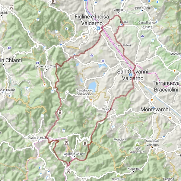 Miniature de la carte de l'inspiration cycliste "Exploration de San Giovanni Valdarno" dans la Toscana, Italy. Générée par le planificateur d'itinéraire cycliste Tarmacs.app