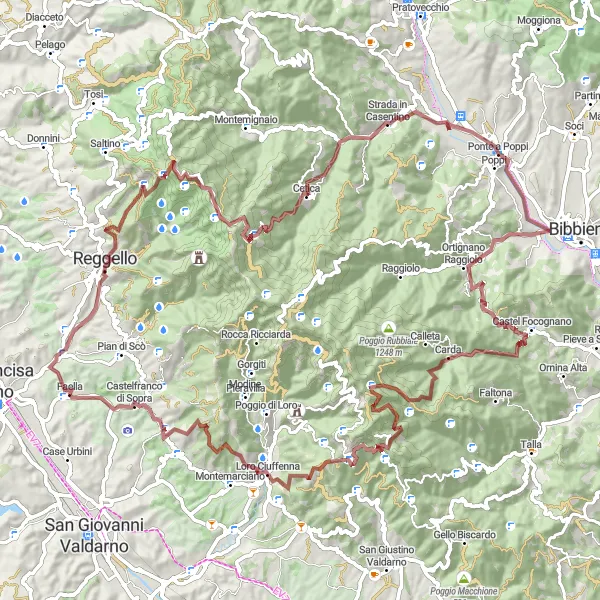 Miniature de la carte de l'inspiration cycliste "Randonnée Gravel à Ponte a Poppi" dans la Toscana, Italy. Générée par le planificateur d'itinéraire cycliste Tarmacs.app