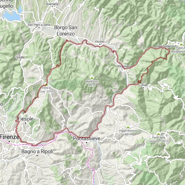 Miniatua del mapa de inspiración ciclista "Ruta desafiante de grava en los alrededores de Fiesole" en Toscana, Italy. Generado por Tarmacs.app planificador de rutas ciclistas