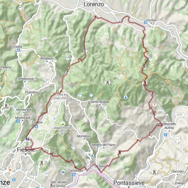 Zemljevid v pomanjšavi "Kolesarska pot Vetta le Croci - Monte Ceceri" kolesarske inspiracije v Toscana, Italy. Generirano z načrtovalcem kolesarskih poti Tarmacs.app