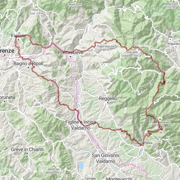 Miniaturekort af cykelinspirationen "Grusvej Cykeltur til Pratomagno" i Toscana, Italy. Genereret af Tarmacs.app cykelruteplanlægger