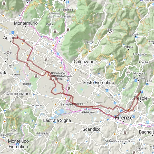 Miniatura della mappa di ispirazione al ciclismo "Rotta Gravel tra San Donnino e Villa Medici" nella regione di Toscana, Italy. Generata da Tarmacs.app, pianificatore di rotte ciclistiche