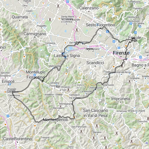 Zemljevid v pomanjšavi "Cestna potepanja skozi Toskano" kolesarske inspiracije v Toscana, Italy. Generirano z načrtovalcem kolesarskih poti Tarmacs.app
