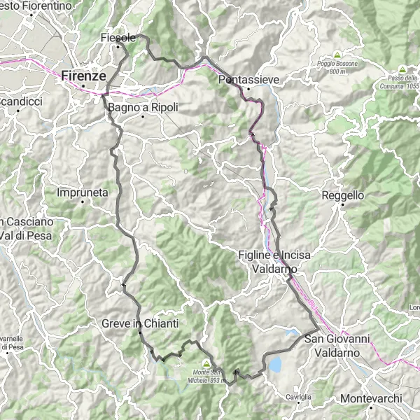 Karttaminiaatyyri "Toscanan tunnelmalliset maisemat pyörän selässä" pyöräilyinspiraatiosta alueella Toscana, Italy. Luotu Tarmacs.app pyöräilyreittisuunnittelijalla