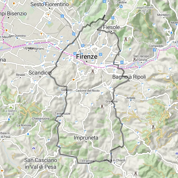 Miniaturekort af cykelinspirationen "Landevej fra Fiesole til Maiano" i Toscana, Italy. Genereret af Tarmacs.app cykelruteplanlægger