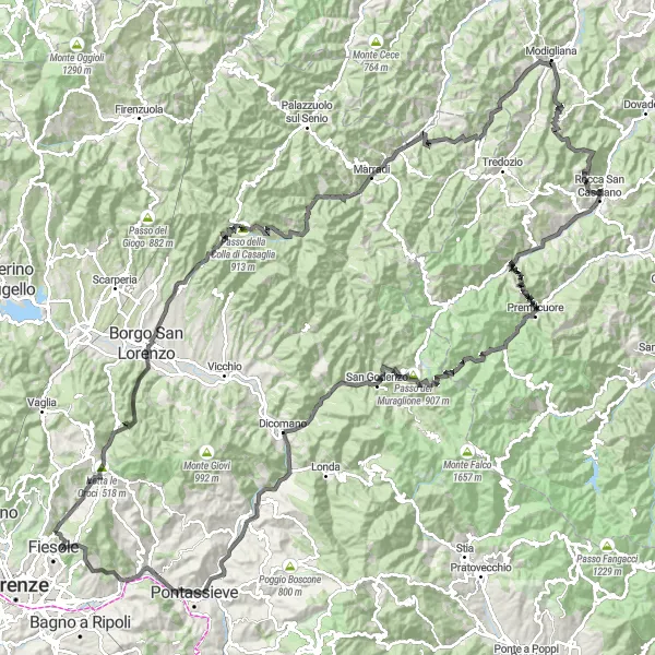 Kartminiatyr av "Utfordrende Passo del Muraglione og Rocca San Casciano" sykkelinspirasjon i Toscana, Italy. Generert av Tarmacs.app sykkelrutoplanlegger